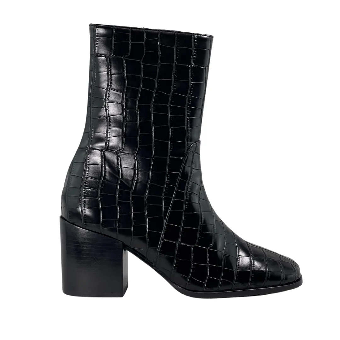 'Menos' vegan mid-calf boot by Zette Shoes - black faux-croc High   Performance Shock Absorbing Backcountry Camper