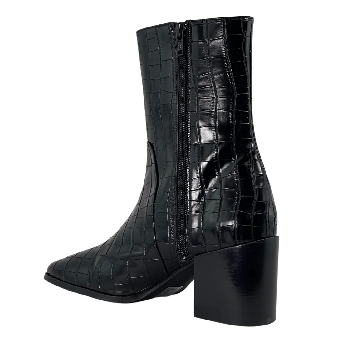 'Menos' vegan mid-calf boot by Zette Shoes - black faux-croc Grippy Outsole Mountain Climber Durable Shell Weekend Camping