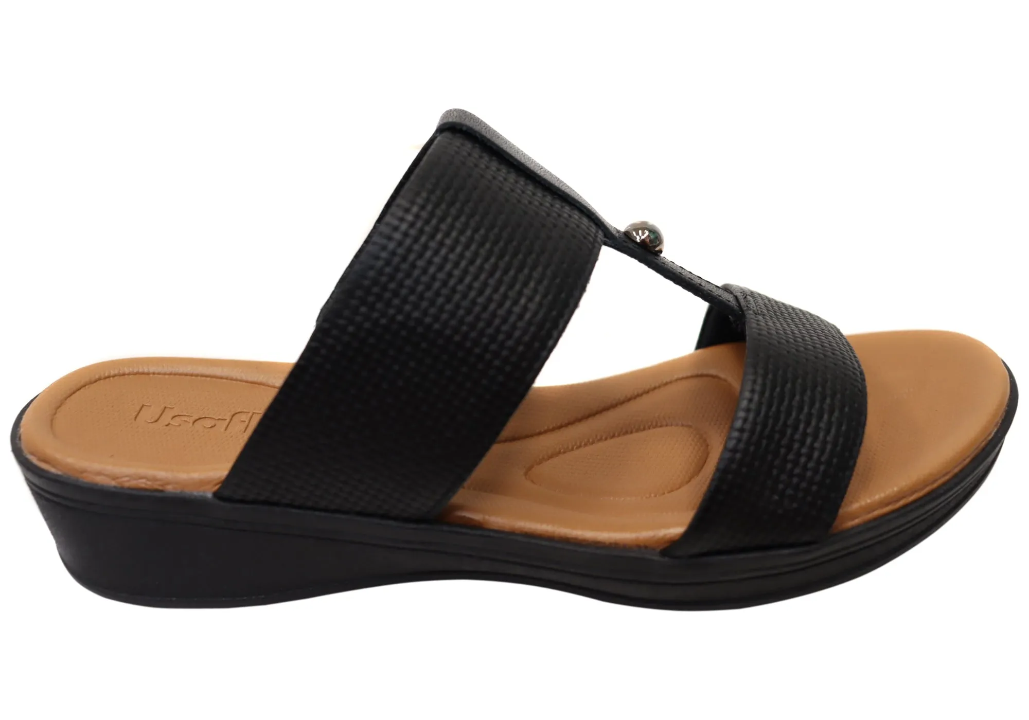 Usaflex Solae Womens Comfortable Brazilian Leather Slides Sandals Slip-Resistant Sole Wide Strap