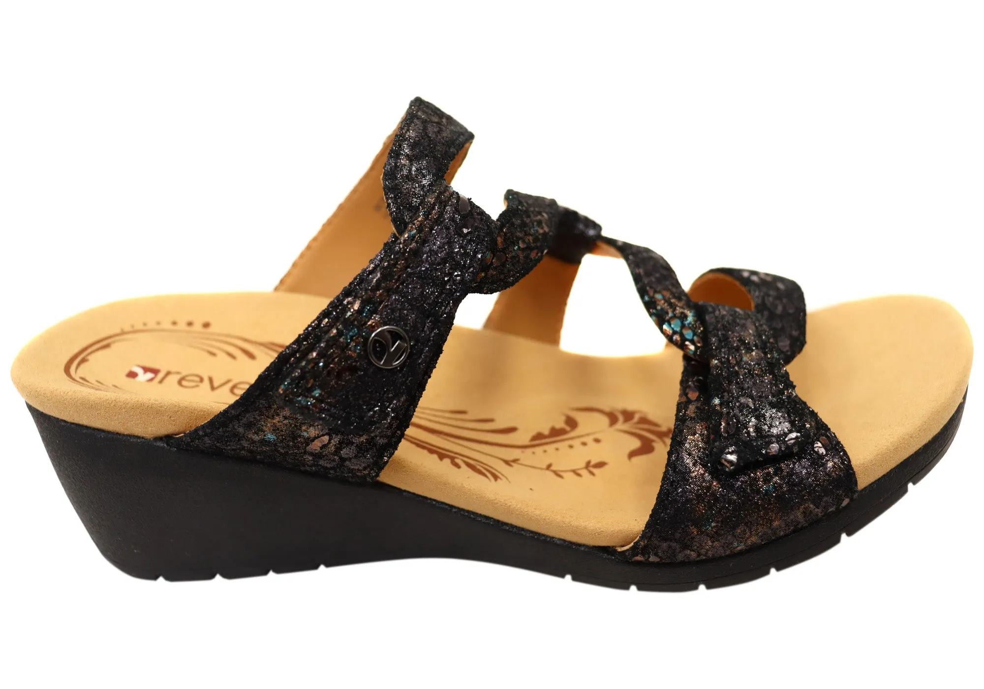Revere Womens Sofia Wedge Leather Supportive Slides Sandals Stylish Casual Footwear Simple Step
