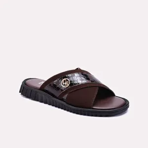 Brown Criss Cross Casual Slippers For Men 0151001 Leather Soft Slide