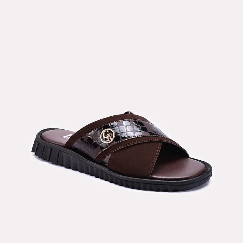 Brown Criss Cross Casual Slippers For Men 0151001 Leather Soft Slide