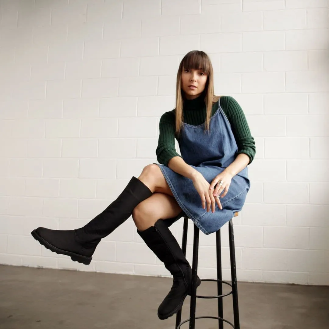 'Abbey' vegan knee-high riding boot with chunky sole by Zette Shoes - black british retro Modern Lines