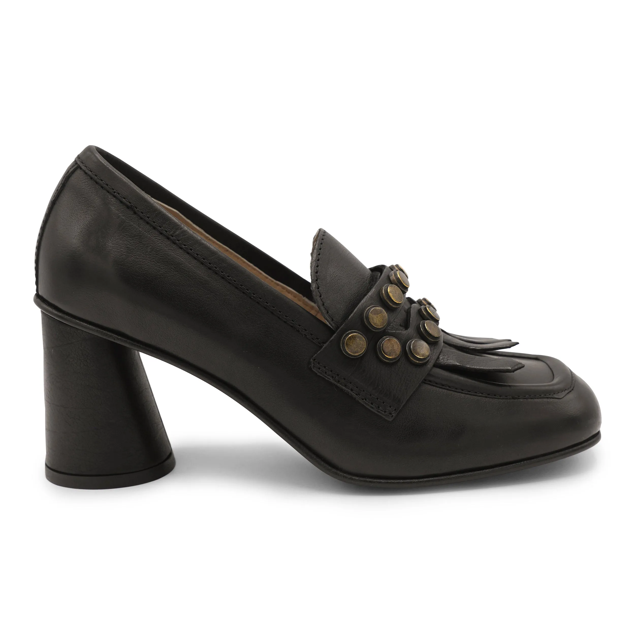 F807K1 - Studded Fringe Heeled Loafer PaddedCollar