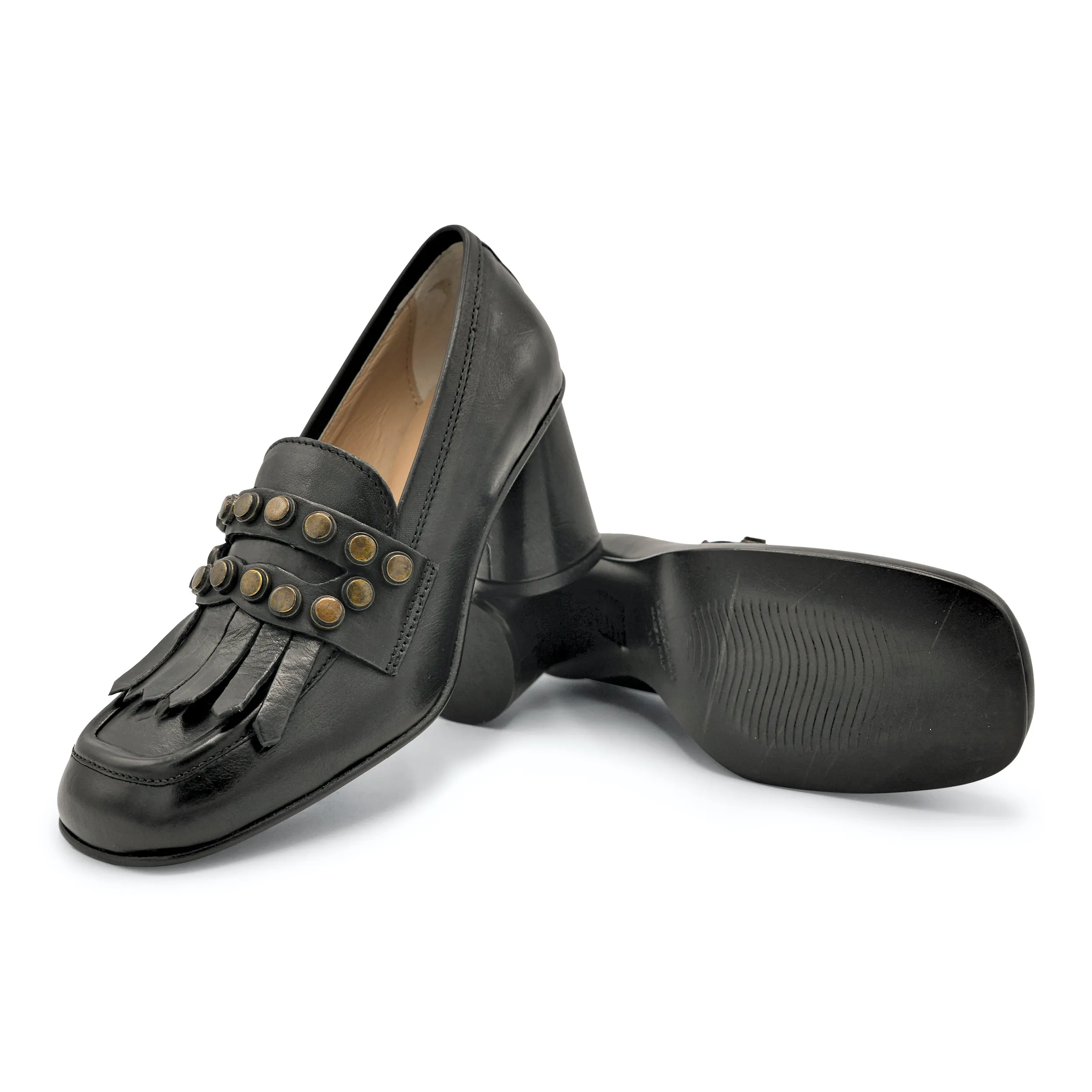 Flat Heel F807K1 - Studded Fringe Heeled Loafer
