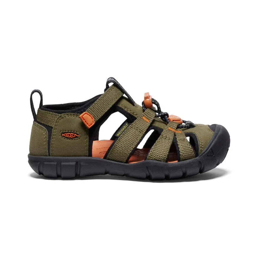 Bare Support Beach Sandals Little Kids' Seacamp II CNX  |  Dark Olive/Gold Flame