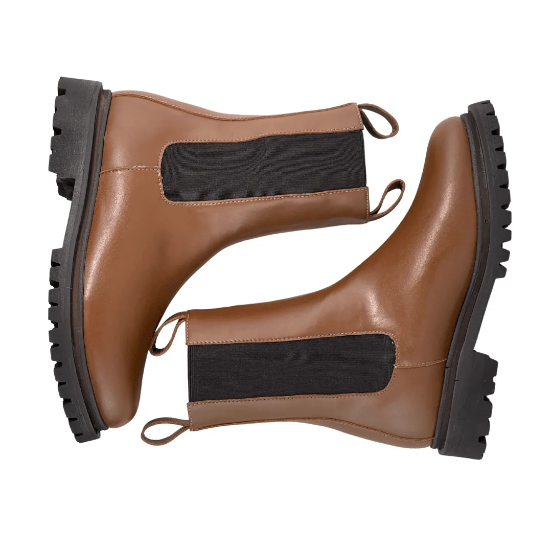 Crisp Lines 'Chloe' cognac vegan-leather chelsea boot with chunky sole by Zette Shoes