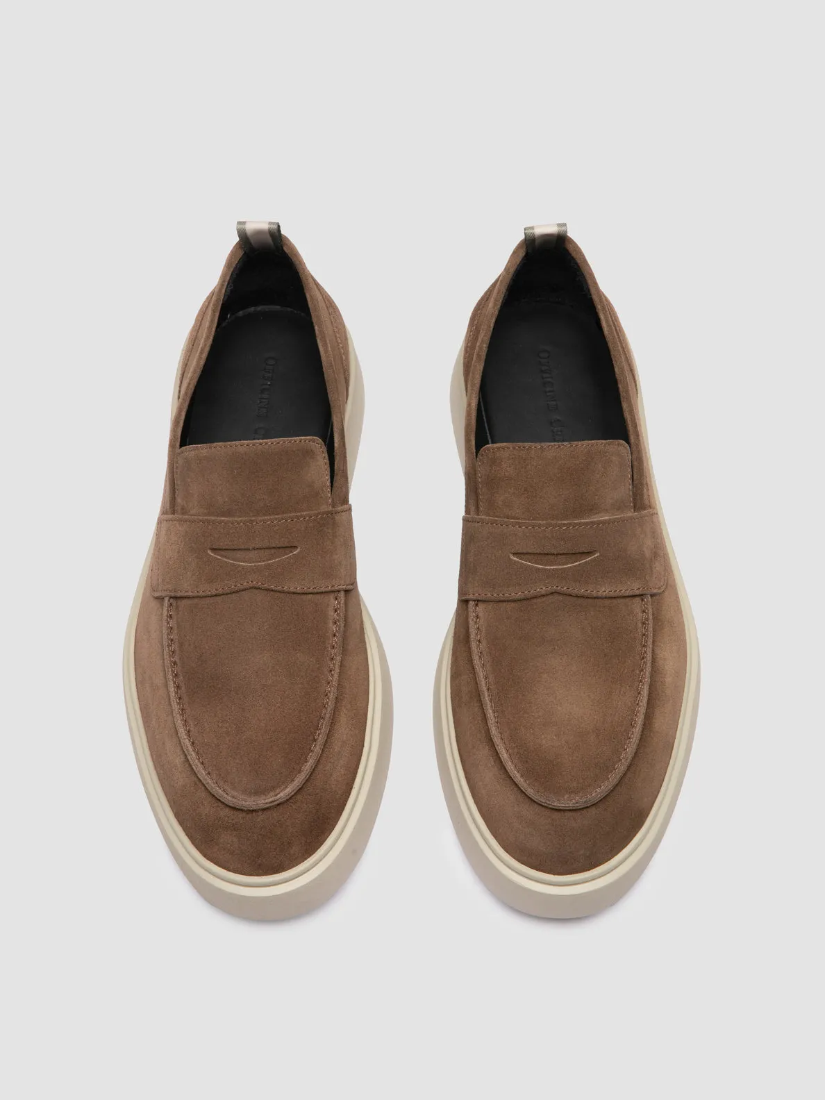 FRAME 001 - Brown Suede Penny Loafers Navy Deep Foot Relax