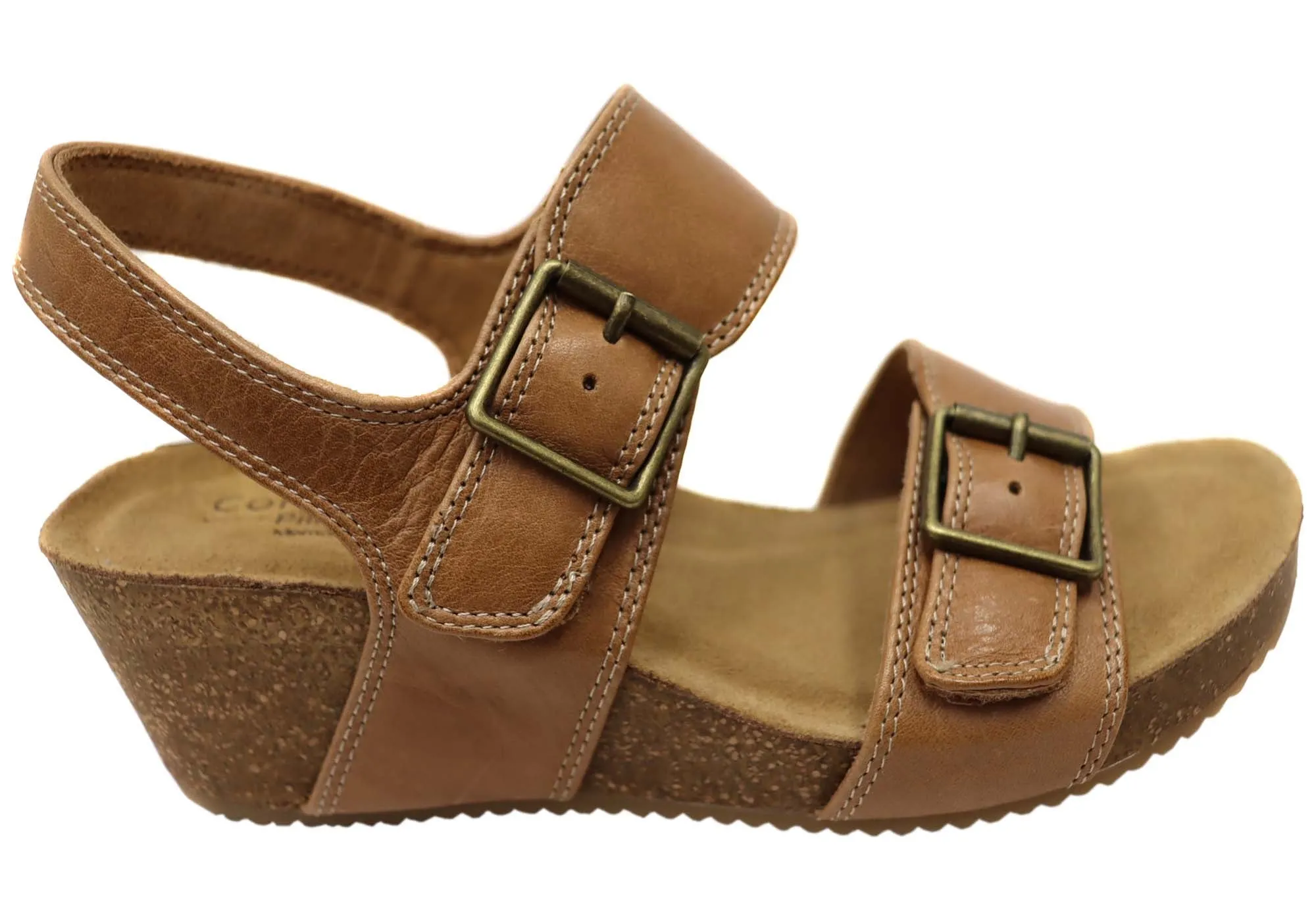 Comfortiva Erlina Womens Comfort Footbed Wide Leather Wedge Sandals High-Quality Material Buckle Detail