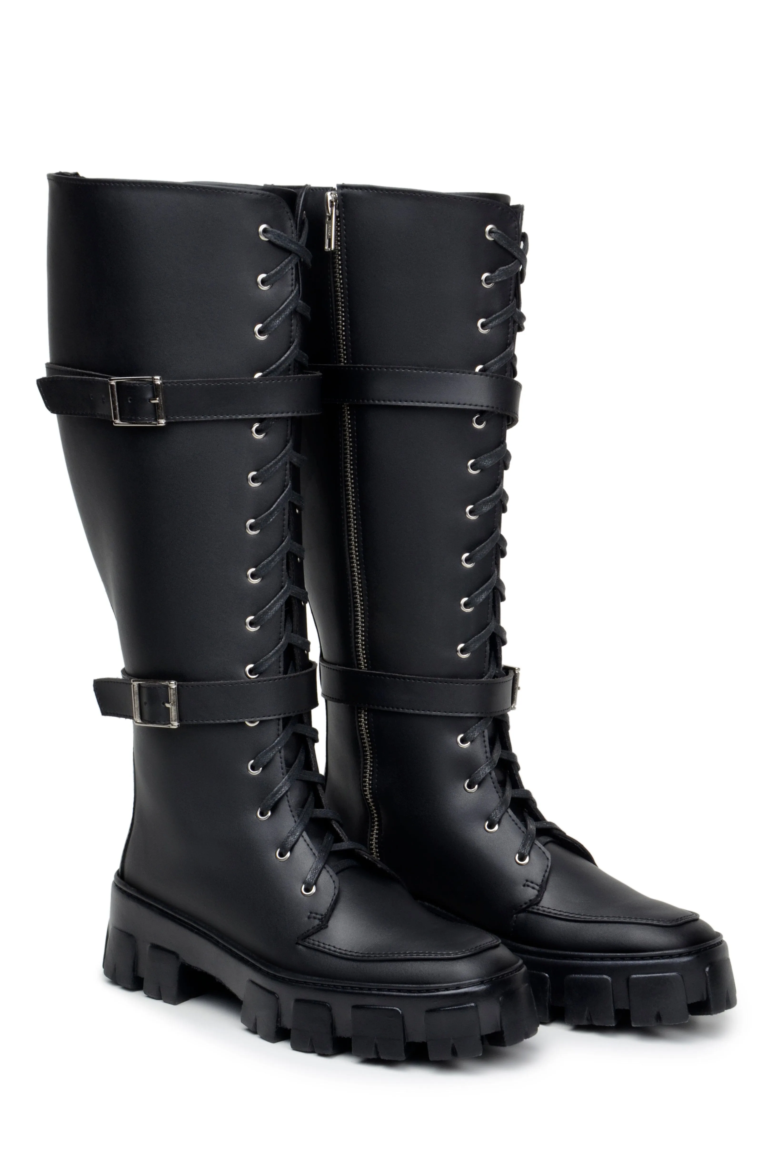 Minimal Look Built Tough 'Renata' women's chunky sole vegan lace-up knee-high boots Zette Shoes - black