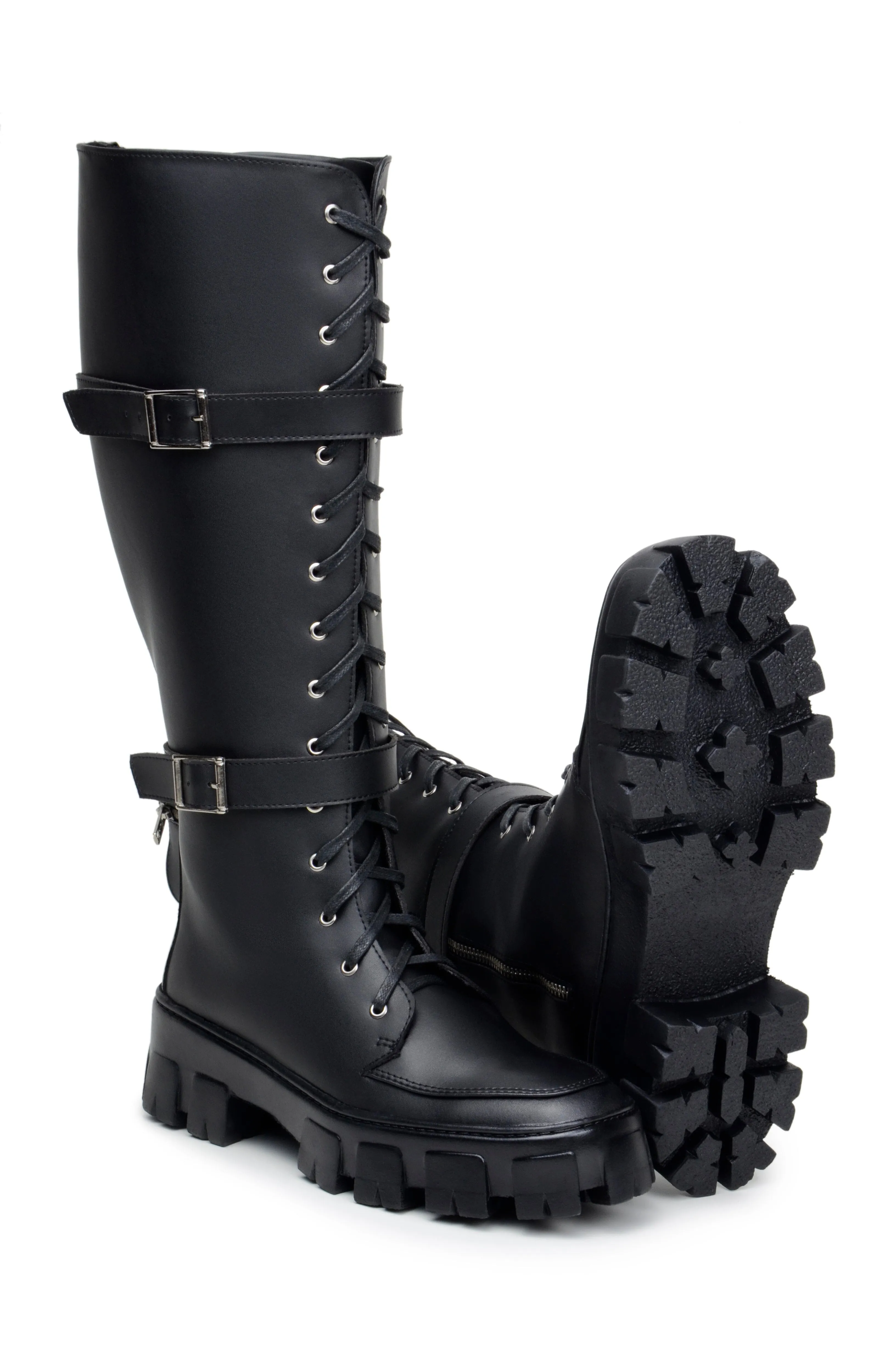 Quick Drying Cold Climate Warm and Cozy 'Renata' women's chunky sole vegan lace-up knee-high boots Zette Shoes - black