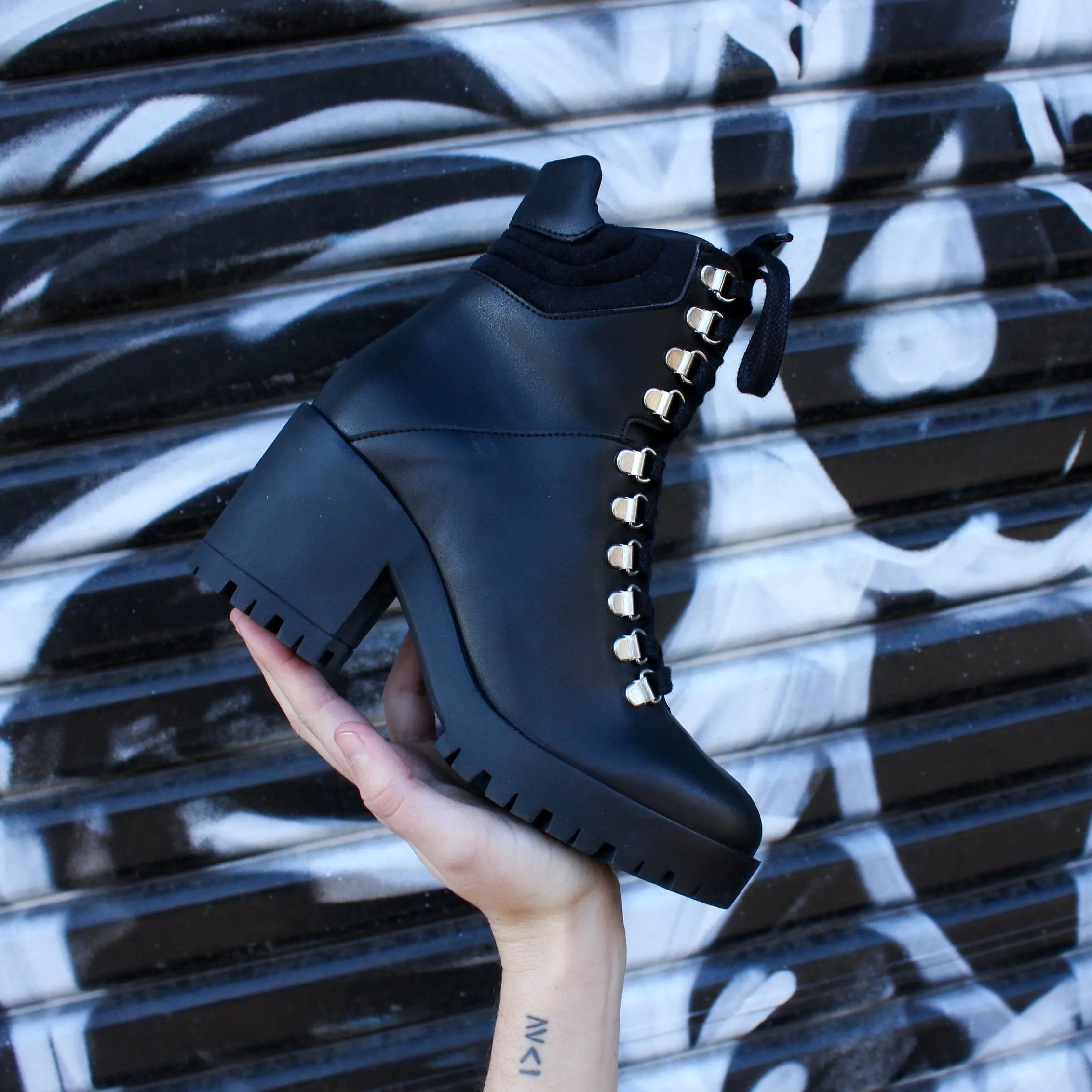 Low Rise 'Pina' vegan-leather lace-up heeled boot for women by Zette Shoes - black