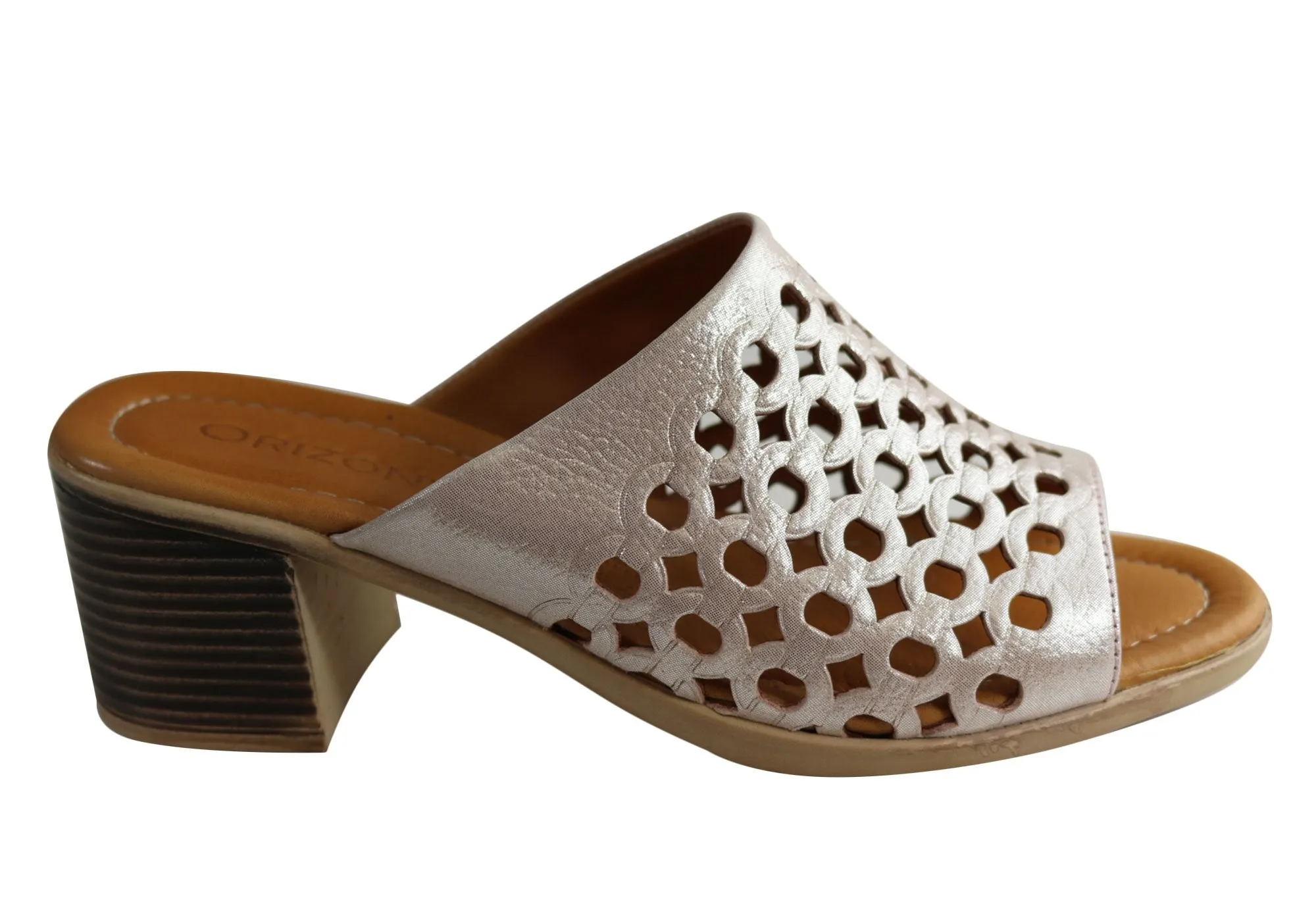 Orizonte Wink Womens European Leather Mid Heel Slides Sandals Summer Footwear Essentials