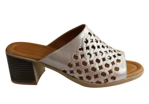 Quick Dry Material Orizonte Wink Womens European Leather Mid Heel Slides Sandals