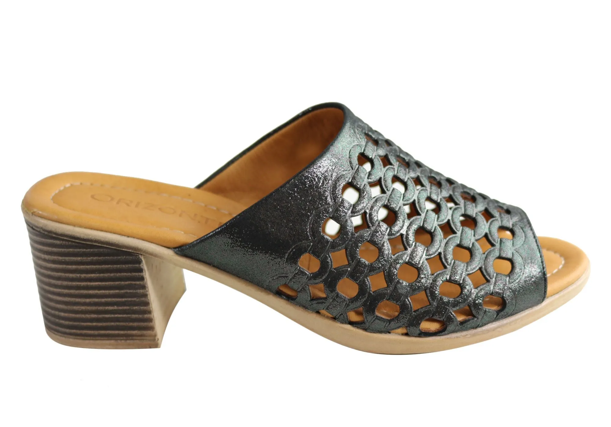 Orizonte Wink Womens European Leather Mid Heel Slides Sandals Bare Support