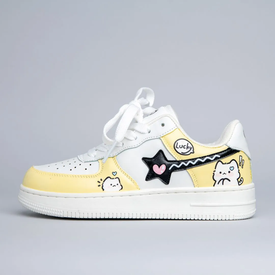 Hand Painted Lucky Cat Butter Yellow Sneakers - Unisex Street Ball