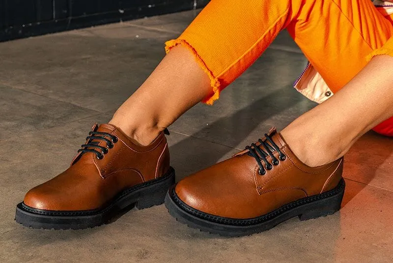 'Everyday Derby' unisex vegan shoe with chunky sole by Ahimsa - cognac mesh construction Care Ease