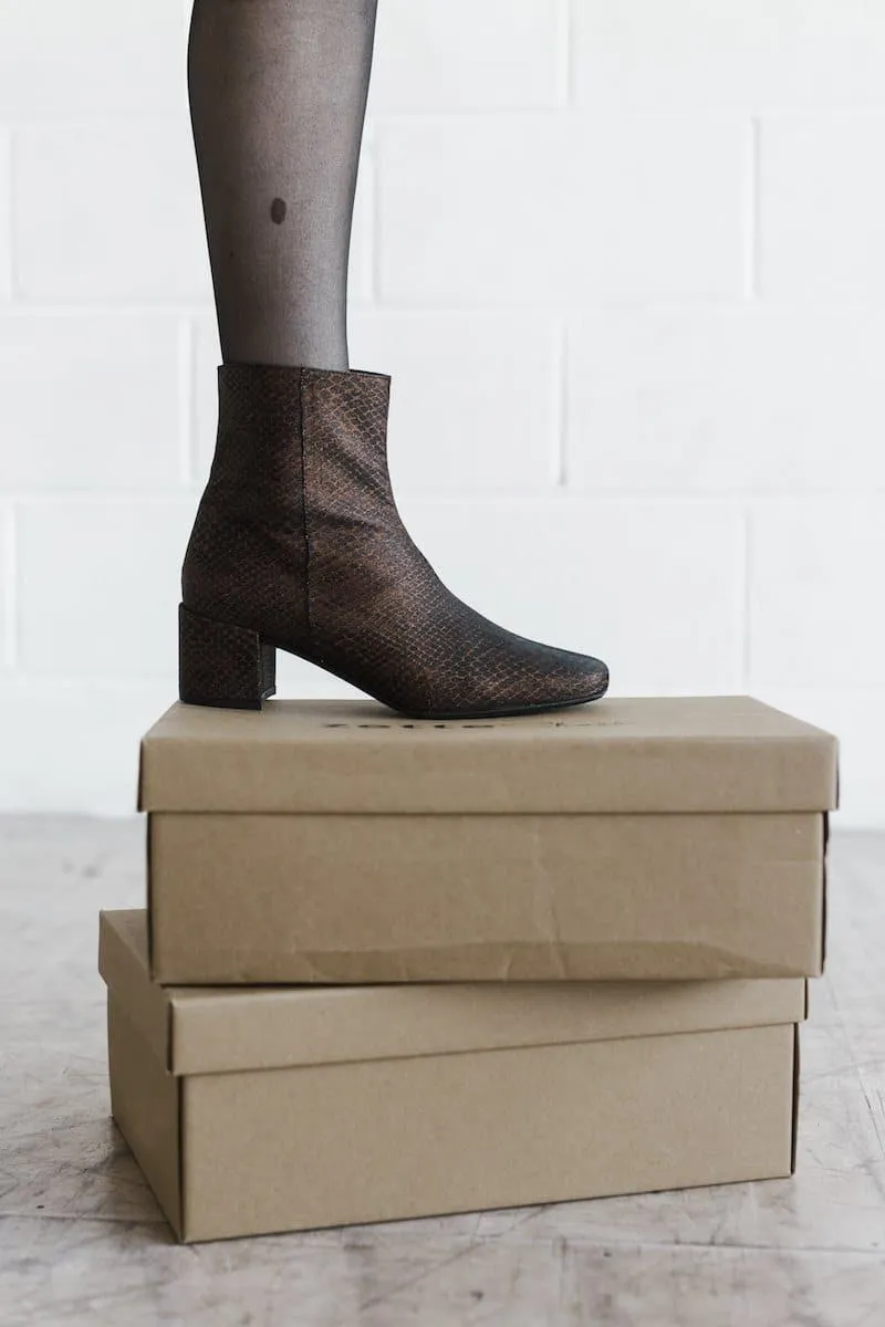 'Jacqui' vegan-leather ankle boot by Zette Shoes - bronze snake Rugged Built Urban Traveler
