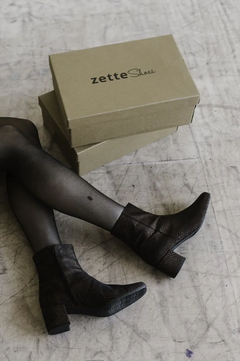 'Jacqui' vegan-leather ankle boot by Zette Shoes - bronze snake Urban Exploration