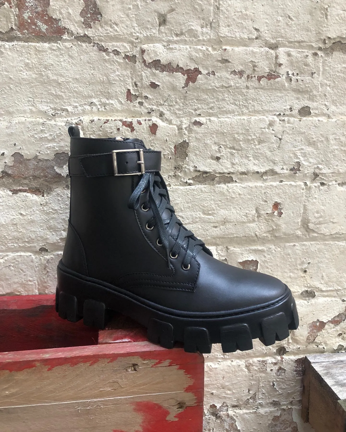 'Rafaela' women's chunky sole vegan lace-up ankle boots Zette Shoes - black subtle style