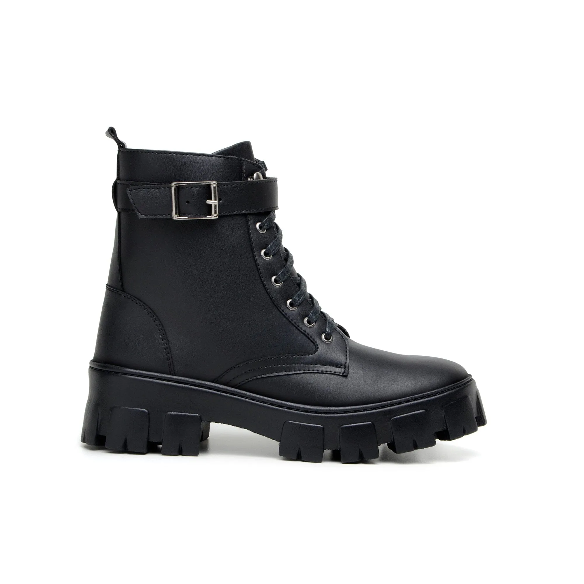 Strong Laces Outdoor Travel 'Rafaela' women's chunky sole vegan lace-up ankle boots Zette Shoes - black