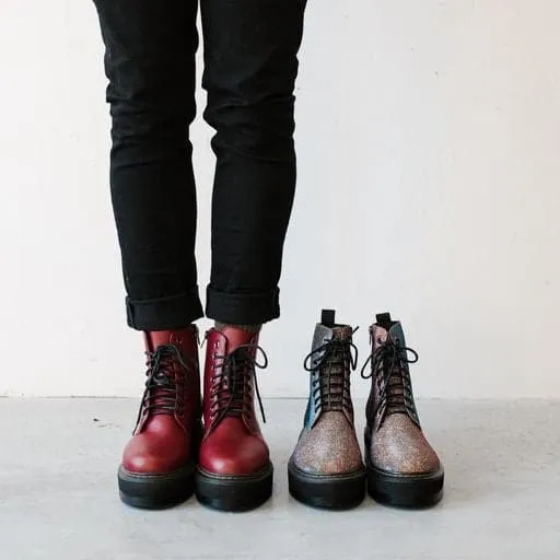 'Quinn' vegan-leather boot with stacked sole by Zette Shoes - cherry red Padded Interior Weekend Camping