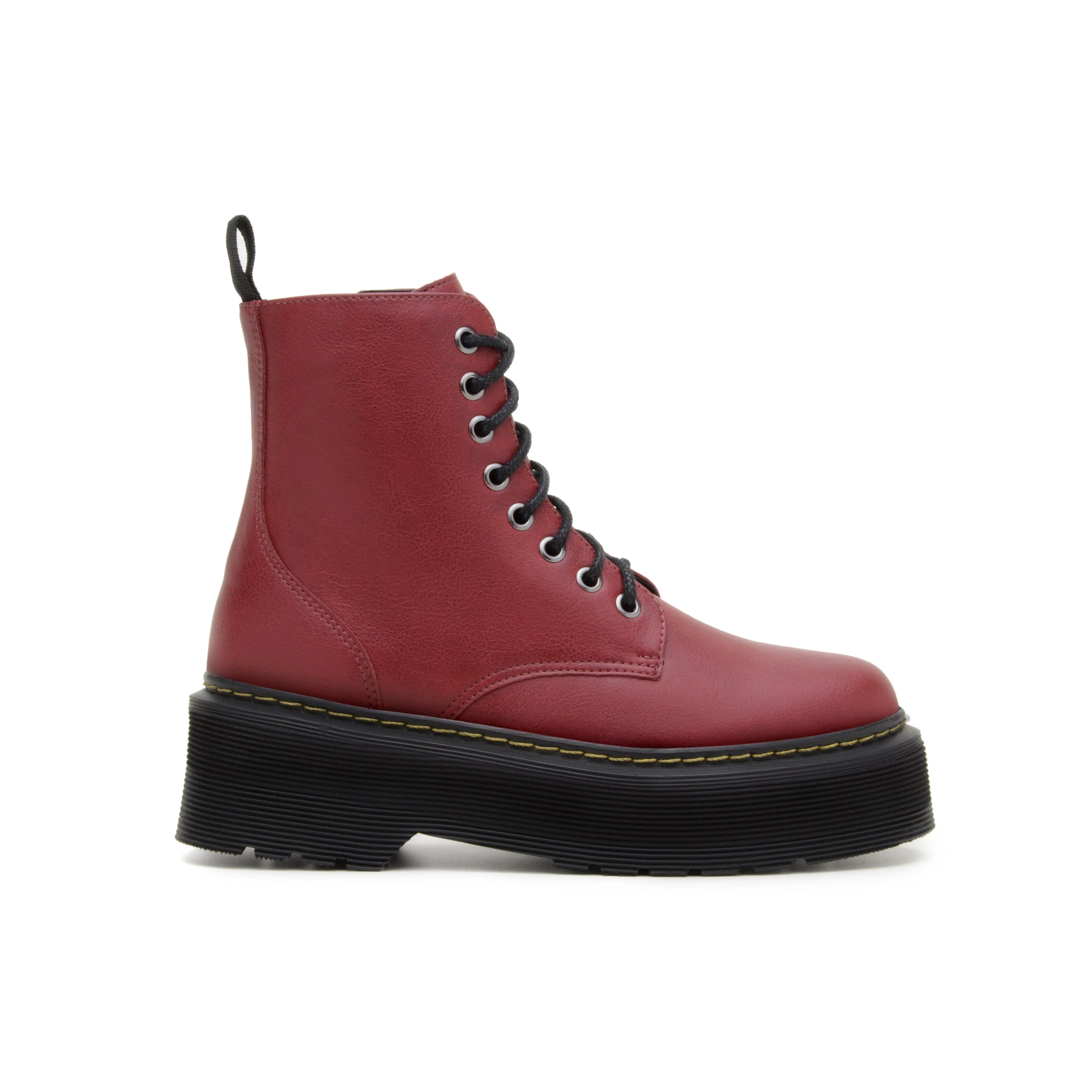 chemical-resistant 'Quinn' vegan-leather boot with stacked sole by Zette Shoes - cherry red